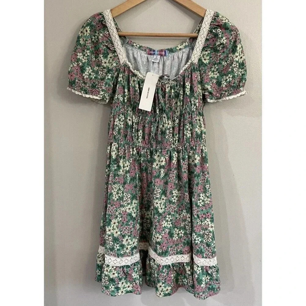 NWT Urban Outfitters Dress Tiered Puff Sleeves Green Pink Floral Small S New